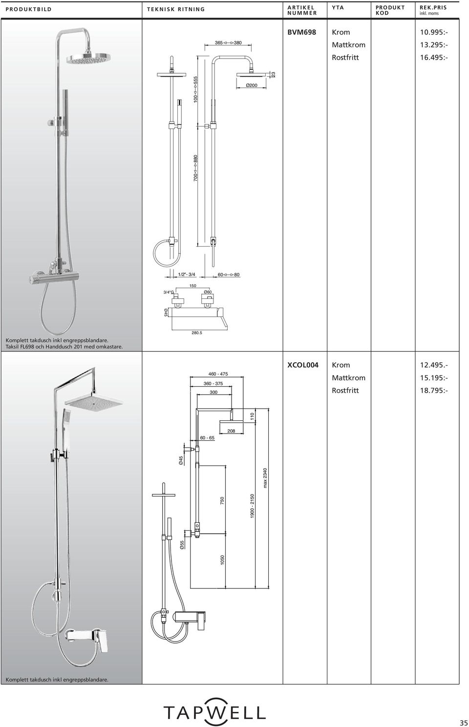 Taksil FL698 och Handdusch 201 med omkastare. 280.5 460-475 360-375 300 XCOL004 12.