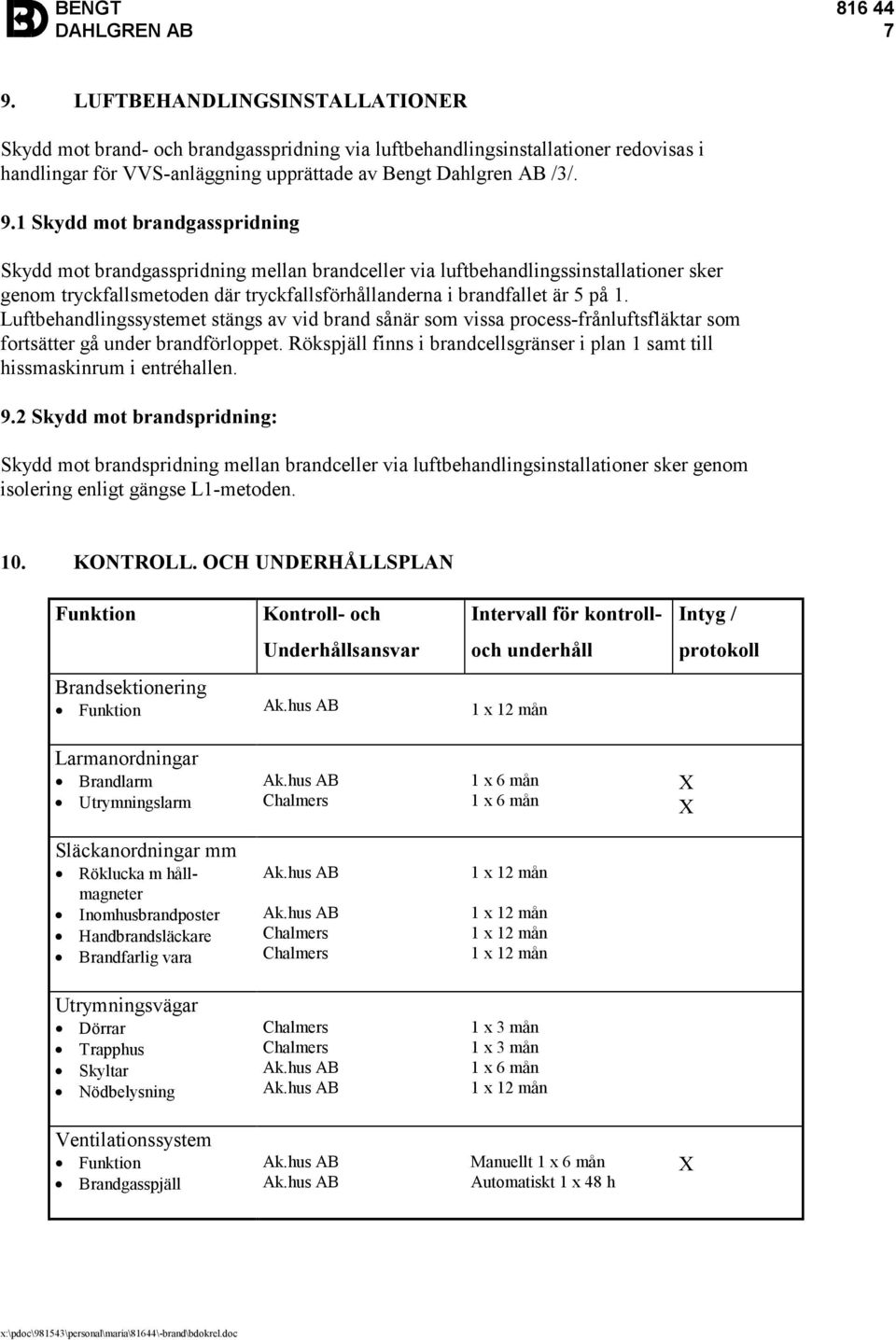 Rökspjäll finns i brandcellsgränser i plan 1 samt till hissmaskinrum i entréhallen. 9.