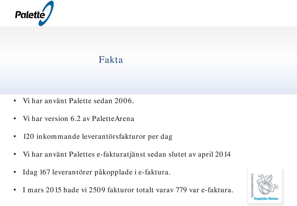 använt Palettes e-fakturatjänst sedan slutet av april 2014 Idag 167