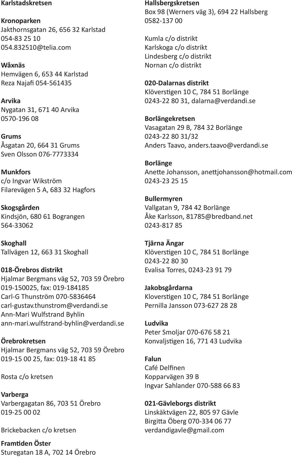 Filarevägen 5 A, 683 32 Hagfors Skogsgården Kindsjön, 680 61 Bograngen 564-33062 Skoghall Tallvägen 12, 663 31 Skoghall 018-Örebros distrikt Hjalmar Bergmans väg 52, 703 59 Örebro 019-150025, fax: