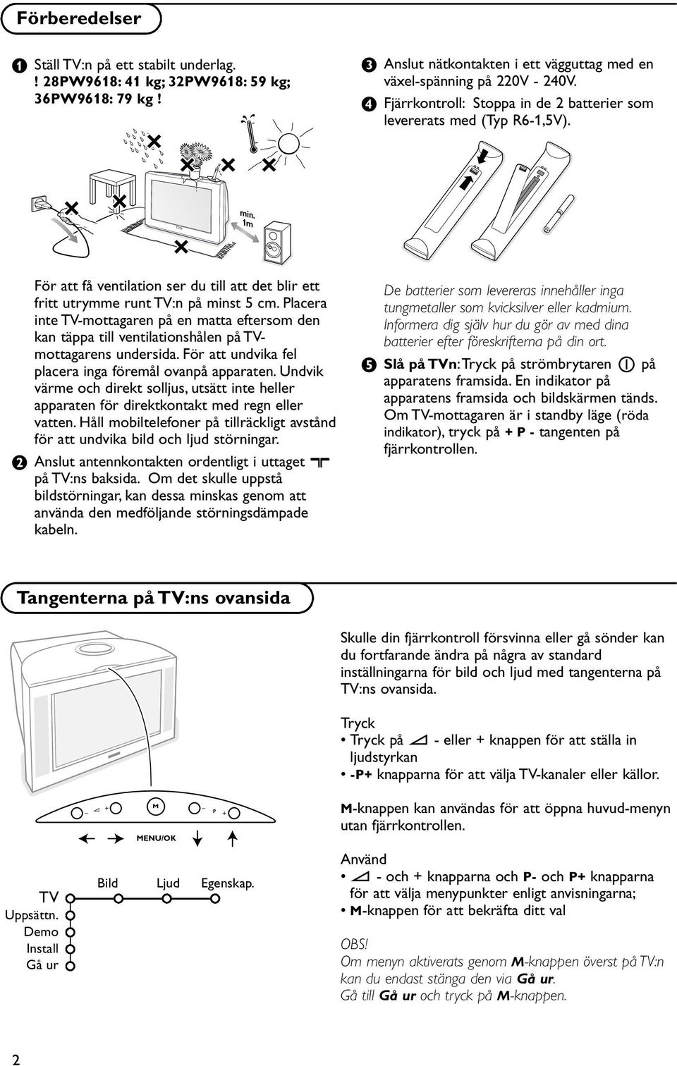 Placera inte TV-mottagaren på en matta eftersom den kan täppa till ventilationshålen på TVmottagarens undersida. För att undvika fel placera inga föremål ovanpå apparaten.