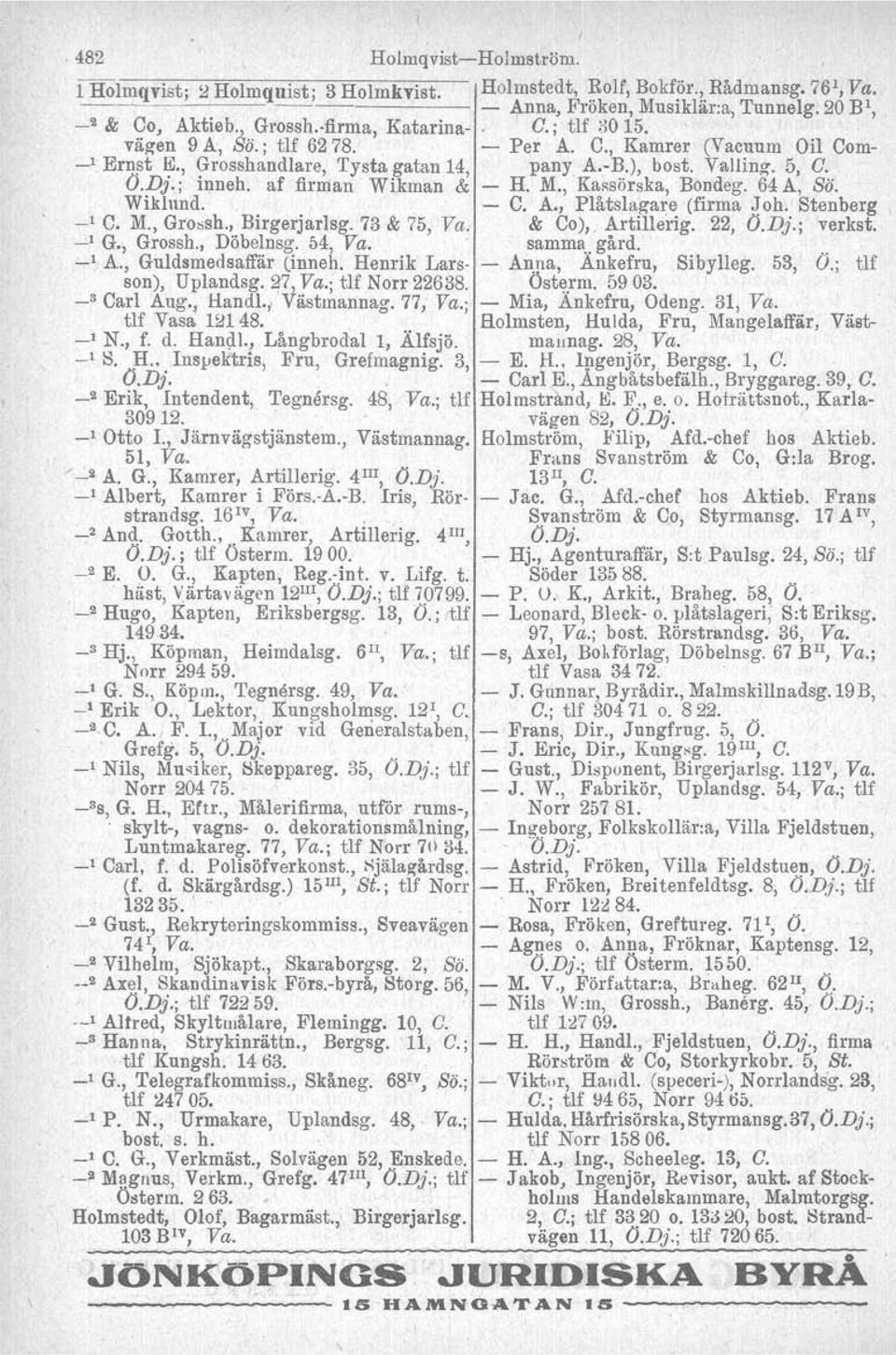 64 A, Sö. Wikhmd. C. A., Plåtslagare (firma ~oh. Stenberg _, O. M., Grossh., Birgerjarlsg. 73 & 75, Va. & Co), Artillerig. 22, D.Dj.; verkst. _l G., Grossh., Döbelnsg. 54, Va. samma.. gård... _, A.