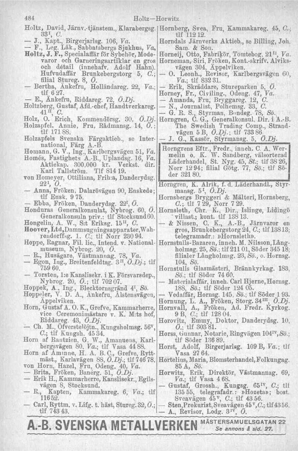 varor och Garneringsartiklar en gros Horneman.Biri, Fröken, Kont.skrifv. Alviksoch detall (innehafv, Adolf Hahn). vågen 304, Äppelviken. Hufvudaffär Brunkebergstorg 5, C.; O. Leonh.