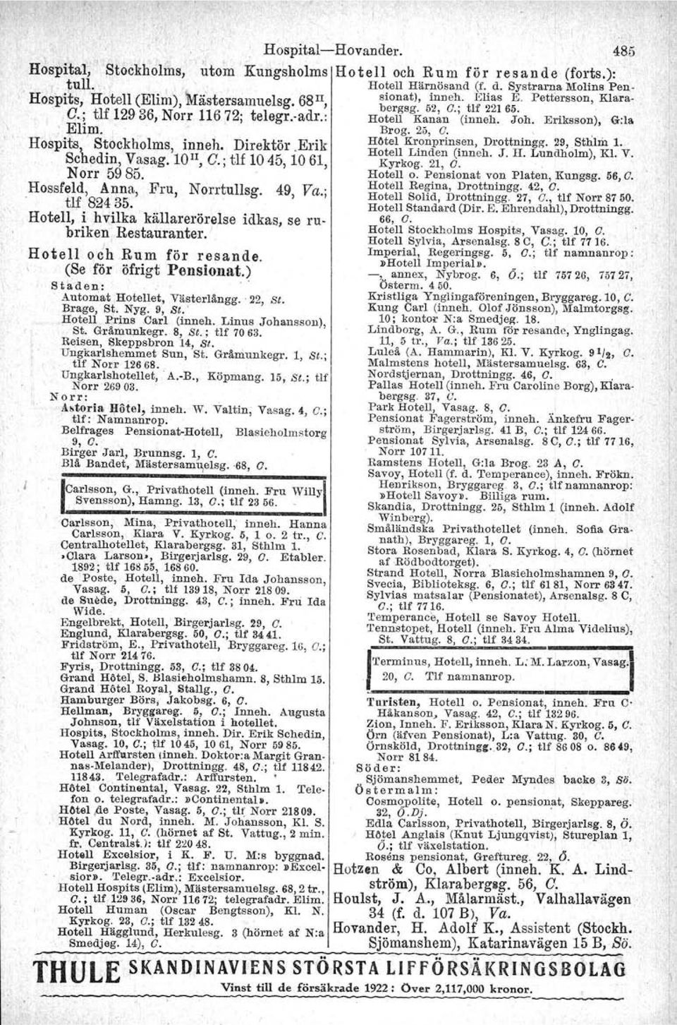 Hotell odh Rum för resande. (Se för öfrigt Pensionat.) Staden:. Automat Hotellet, Västerlångg. Brage, St. Nyg. 9, si.: 22, st. Hotell Prins Carl (inneh. Linus Johansson), St. Gråmup.kegr. 8, St.