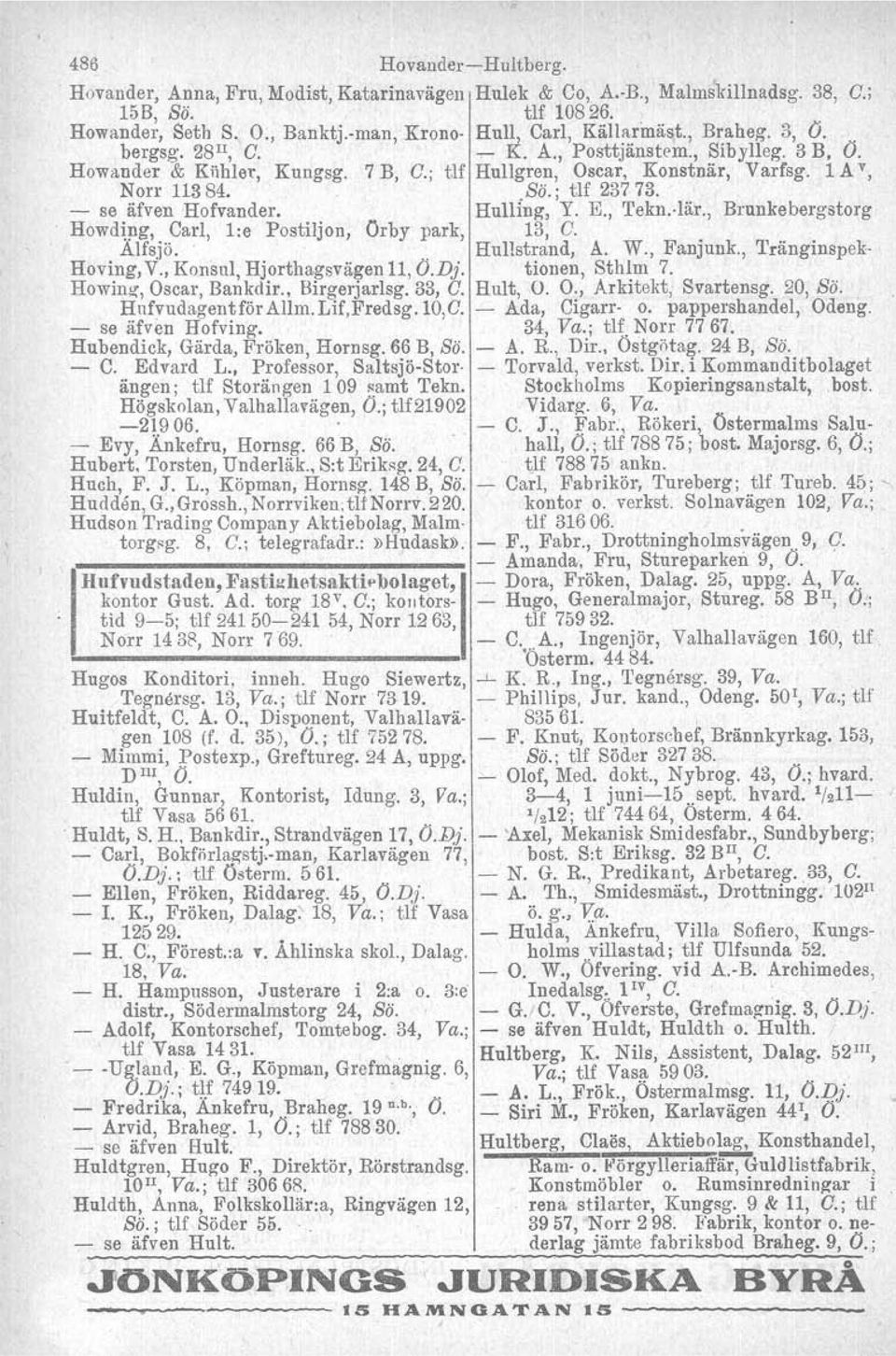 Hulling, Y. E., 'I'ekn.vlär., Brunkebergstorg Howding. Carl, l:e Postiljon, Orby park, 13, C. Alfsjö... Hullstrand. A. W., Fanjunk., Tråuginspek Hoving, V., Konsul, Hjorthagsvägenll, O.Dj.