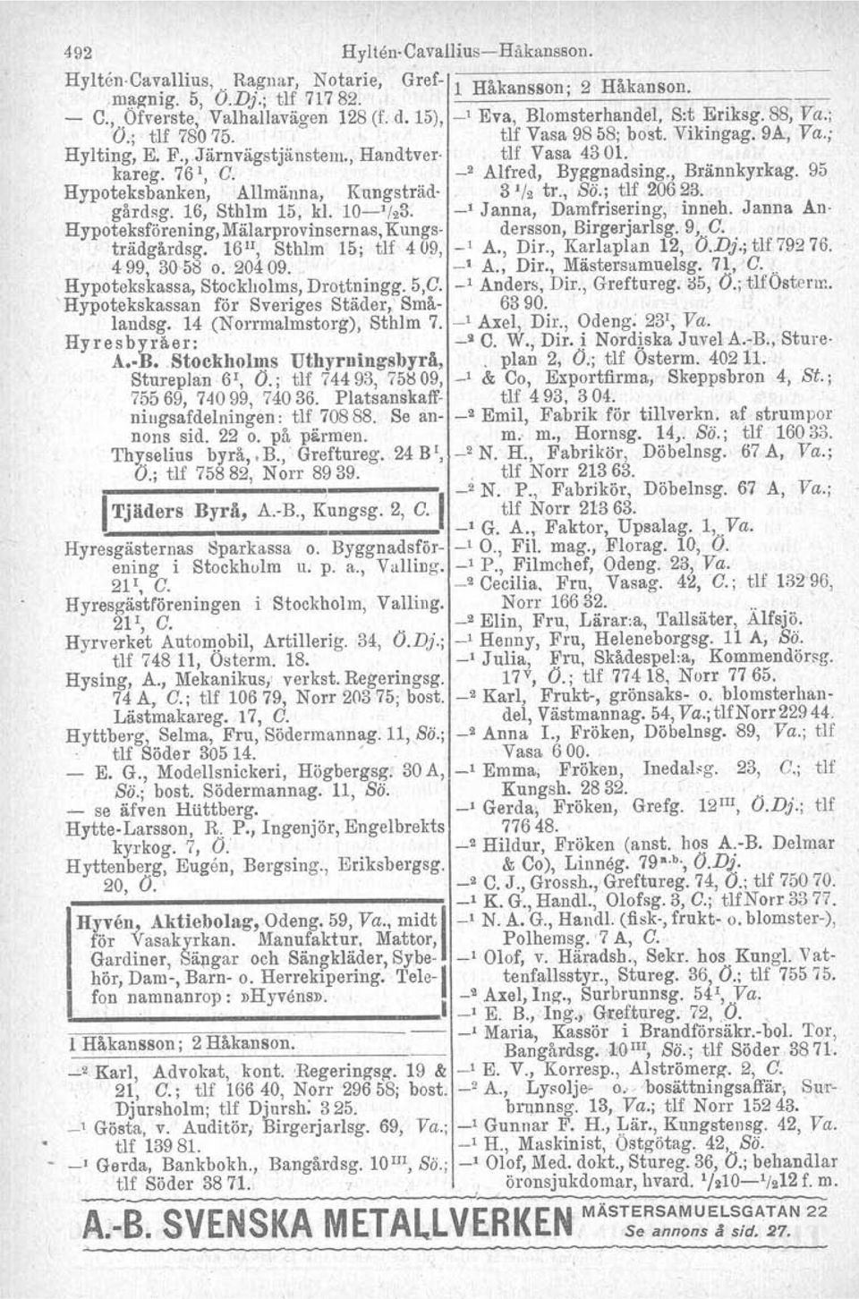 _2 Alfred, Byggnadsing., Brännkyrkag. 95 Hypoteksbanken, Allmänna, Kungsträd 3 J/2 tr., Sö.; tlf 20623. gårdsg, 16, Sthlm 15, kl. 1O J /23. _J Janna, Damfrisering, inneh.