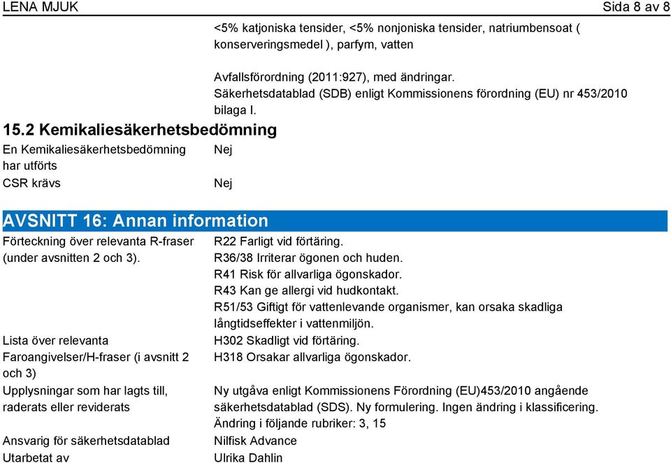 Avfallsförordning (2011:927), med ändringar. Säkerhetsdatablad (SDB) enligt Kommissionens förordning (EU) nr 453/2010 bilaga I.