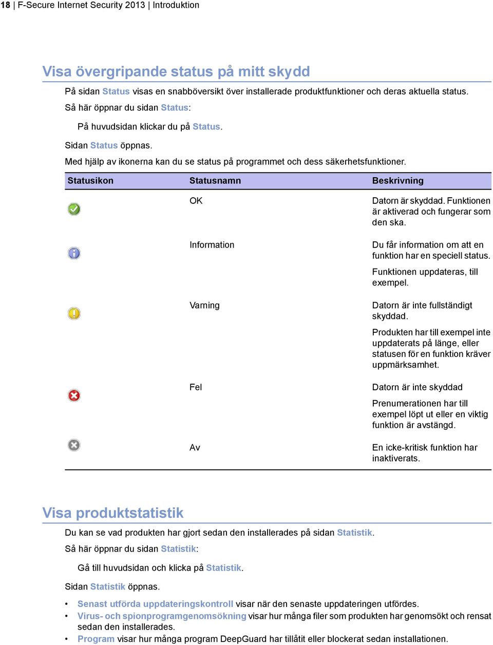 Statusikon Statusnamn OK Information Varning Fel Av Beskrivning Datorn är skyddad. Funktionen är aktiverad och fungerar som den ska. Du får information om att en funktion har en speciell status.