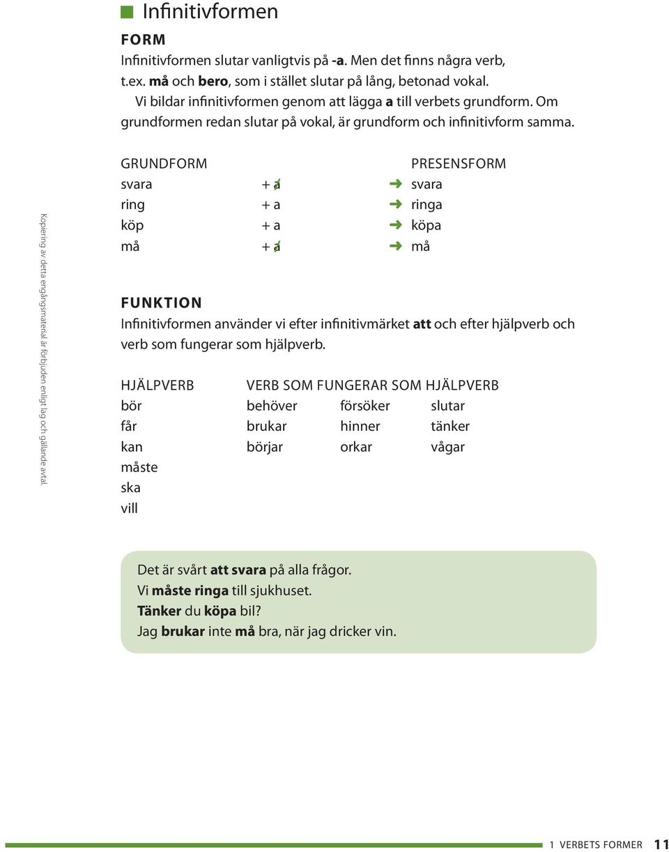 GRUNDFORM PRESENSFORM svara + a svara ring + a ringa köp + a köpa må + a må Funktion Infinitivformen använder vi efter infinitivmärket att och efter hjälpverb och verb som fungerar som hjälpverb.