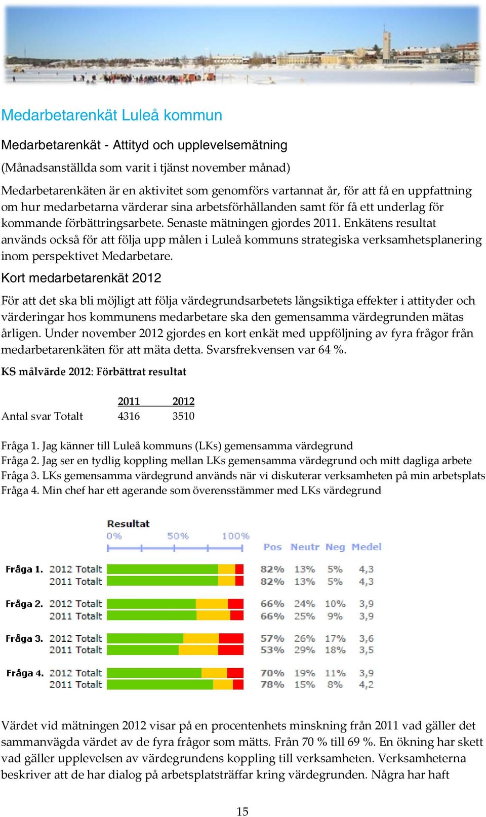 Enkätens resultat används också för att följa upp målen i Luleå kommuns strategiska verksamhetsplanering inom perspektivet Medarbetare.