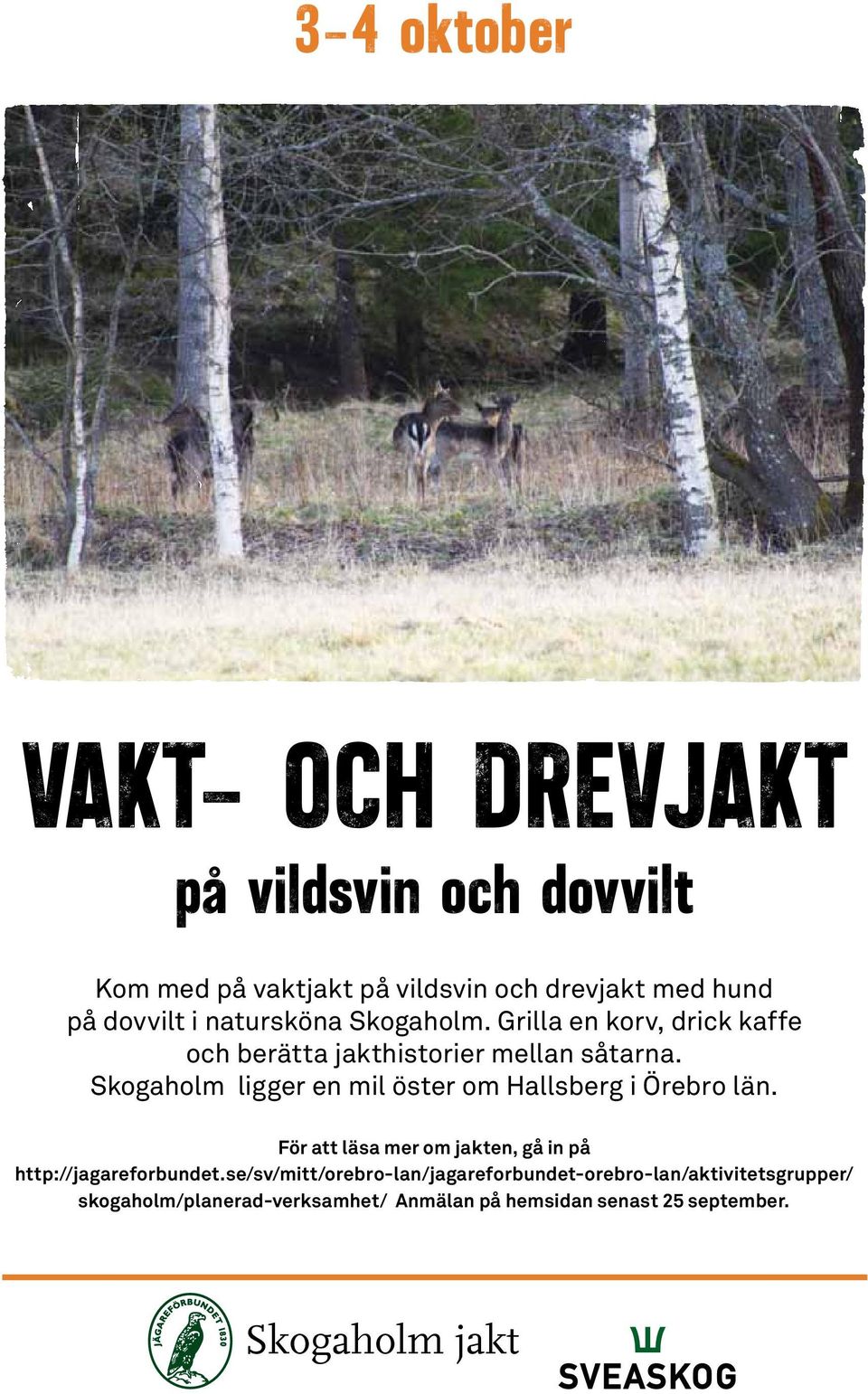 Skogaholm ligger en mil öster om Hallsberg i Örebro län. För att läsa mer om jakten, gå in på http://jagareforbundet.