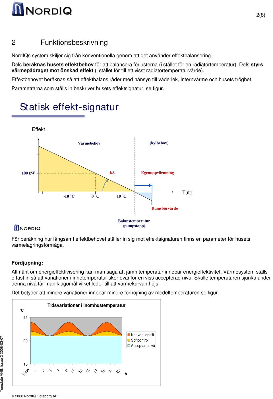Effektbehovet beräknas så att effektbalans råder med hänsyn till väderlek, internvärme och husets tröghet. Parametrarna som ställs in beskriver husets effektsignatur, se figur.