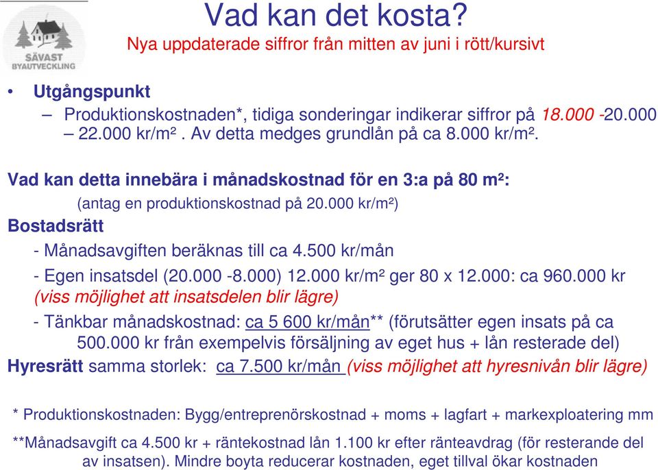 500 kr/mån - Egen insatsdel (20.000-8.000) 12.000 kr/m² ger 80 x 12.000: ca 960.