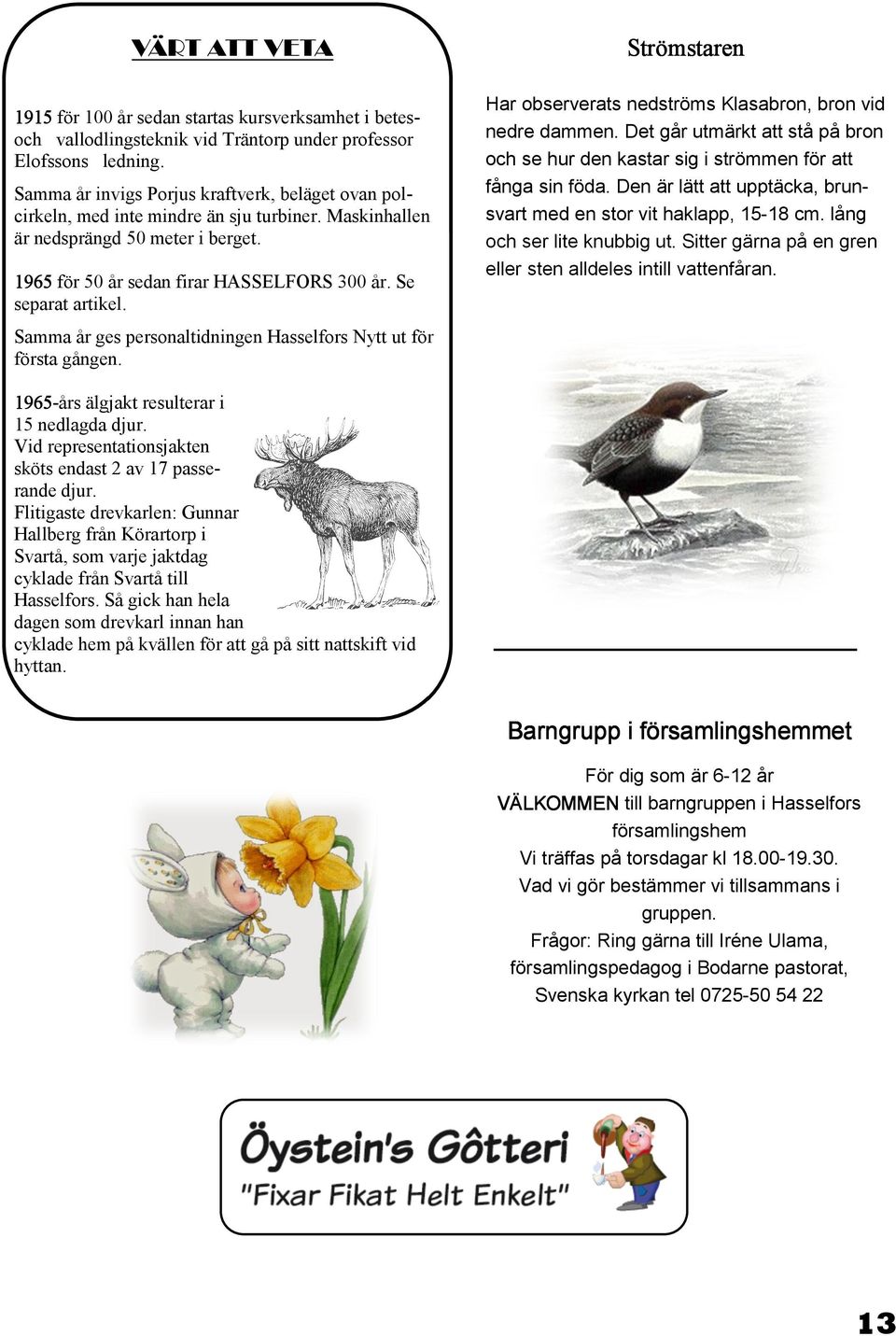 Se separat artikel. Samma år ges personaltidningen Hasselfors Nytt ut för första gången. Strömstaren Har observerats nedströms Klasabron, bron vid nedre dammen.