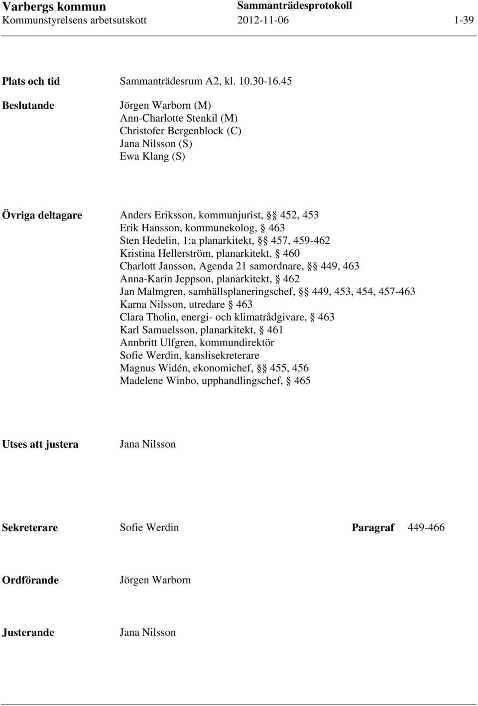 kommunekolog, 463 Sten Hedelin, 1:a planarkitekt, 457, 459-462 Kristina Hellerström, planarkitekt, 460 Charlott Jansson, Agenda 21 samordnare, 449, 463 Anna-Karin Jeppson, planarkitekt, 462 Jan