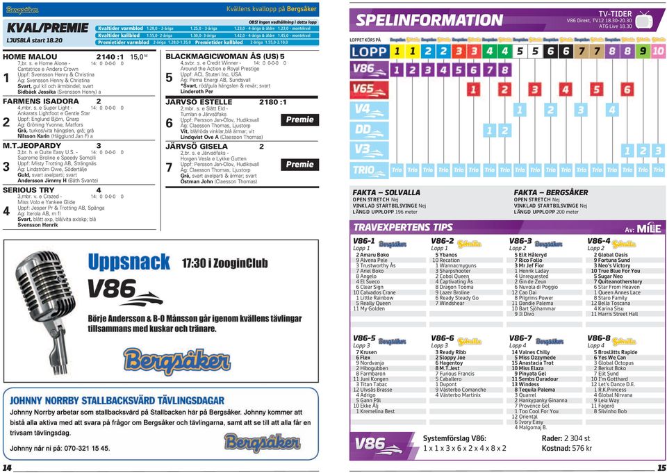 55,0-2.10,0 SPELINFORMATION TV-TIDER V86 Direkt, TV12 18.30-20.30 ATG Live 18.30 HOME MALOU 2140 :1 15,0 M 7,br. s.