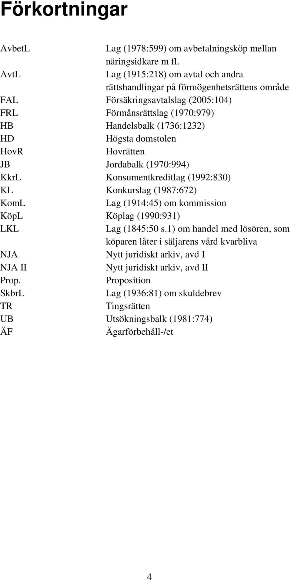 (1736:1232) HD Högsta domstolen HovR Hovrätten JB Jordabalk (1970:994) KkrL Konsumentkreditlag (1992:830) KL Konkurslag (1987:672) KomL Lag (1914:45) om kommission KöpL Köplag