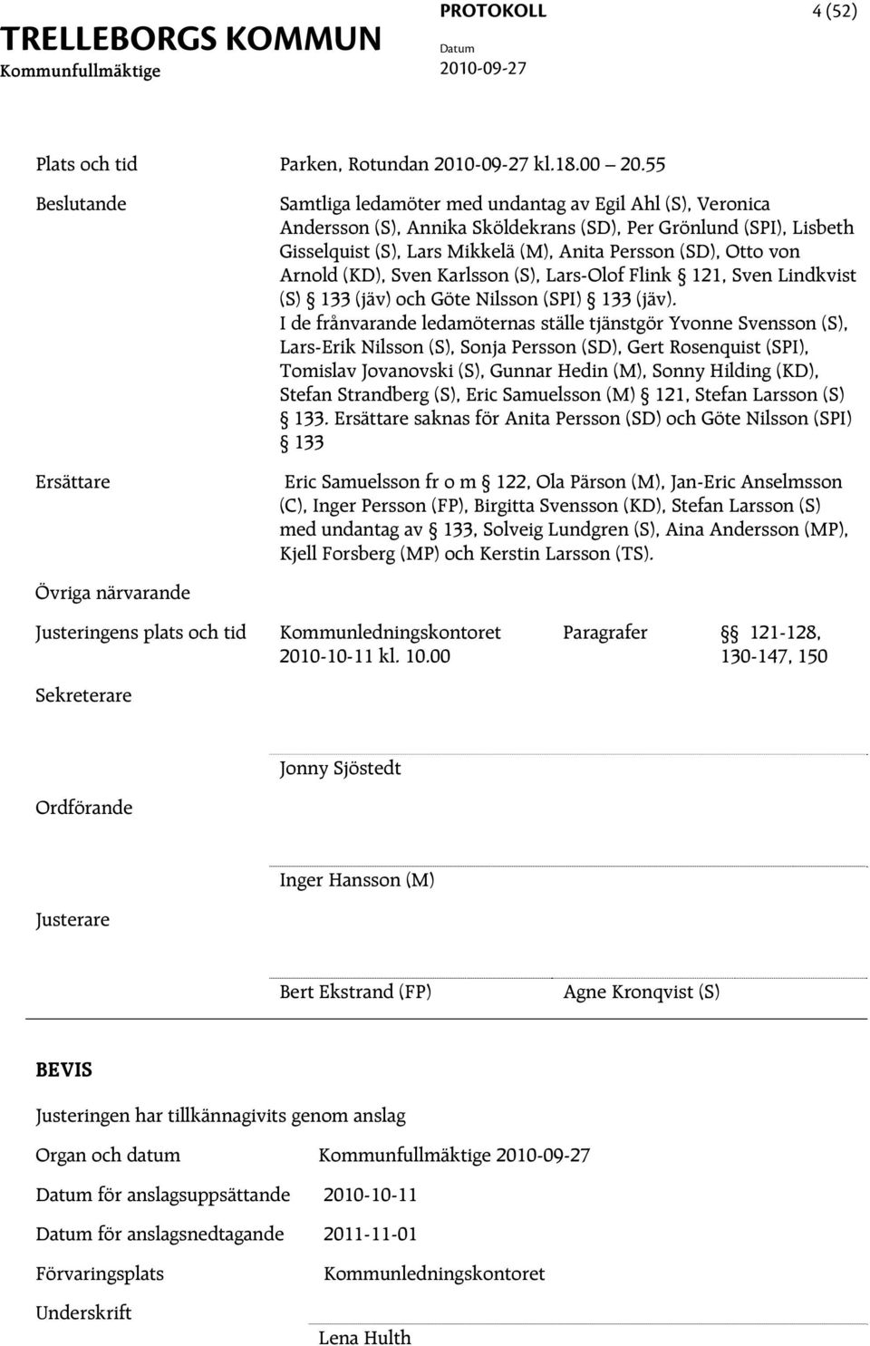 (SD), Otto von Arnold (KD), Sven Karlsson (S), Lars-Olof Flink 121, Sven Lindkvist (S) 133 (jäv) och Göte Nilsson (SPI) 133 (jäv).