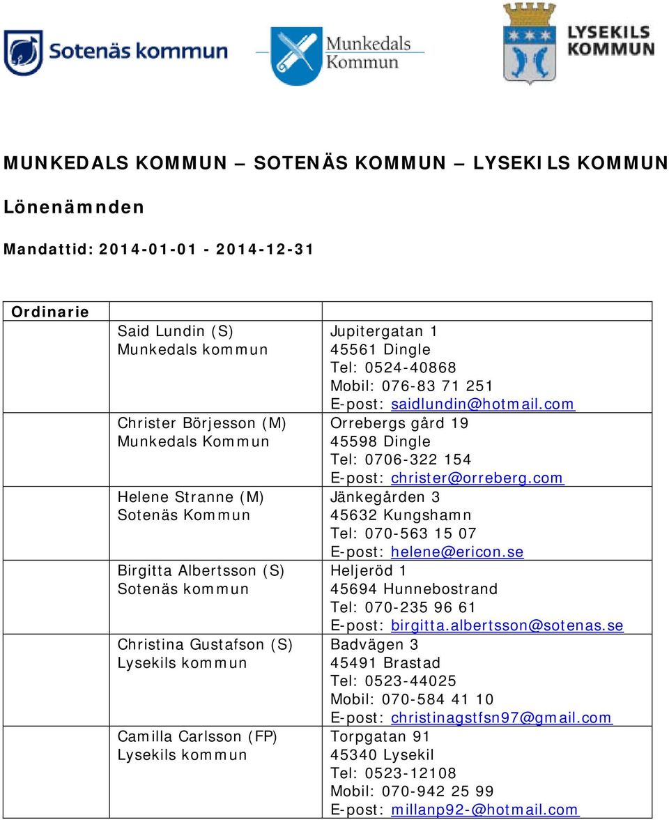 E-post: saidlundin@hotmail.com Orrebergs gård 19 45598 Dingle Tel: 0706-322 154 E-post: christer@orreberg.com Jänkegården 3 45632 Kungshamn Tel: 070-563 15 07 E-post: helene@ericon.