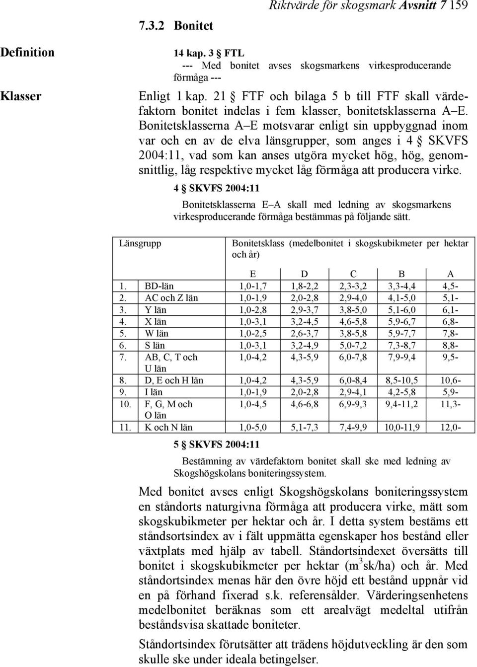 Bonitetsklasserna A E motsvarar enligt sin uppbyggnad inom var och en av de elva länsgrupper, som anges i 4 SKVFS 2004:11, vad som kan anses utgöra mycket hög, hög, genomsnittlig, låg respektive