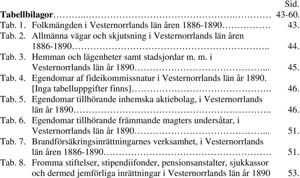 Egendomar tillhörande inhemska aktiebolag, i Vesternorrlands län år 1890.. 46. Tab. 6. Egendomar tillhörande främmande magters undersåtar, i Vesternorrlands län år 1890... 51. Tab. 7.