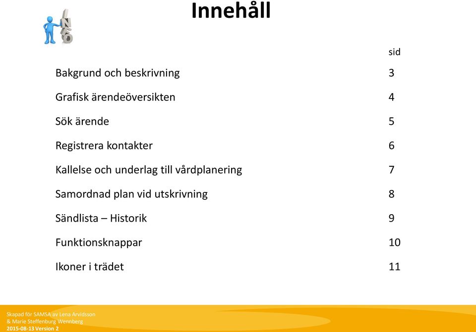 Sändlista Historik 9 Funktionsknappar 10 Ikoner i trädet 11 sid Skapad för SAMSA av av Lena