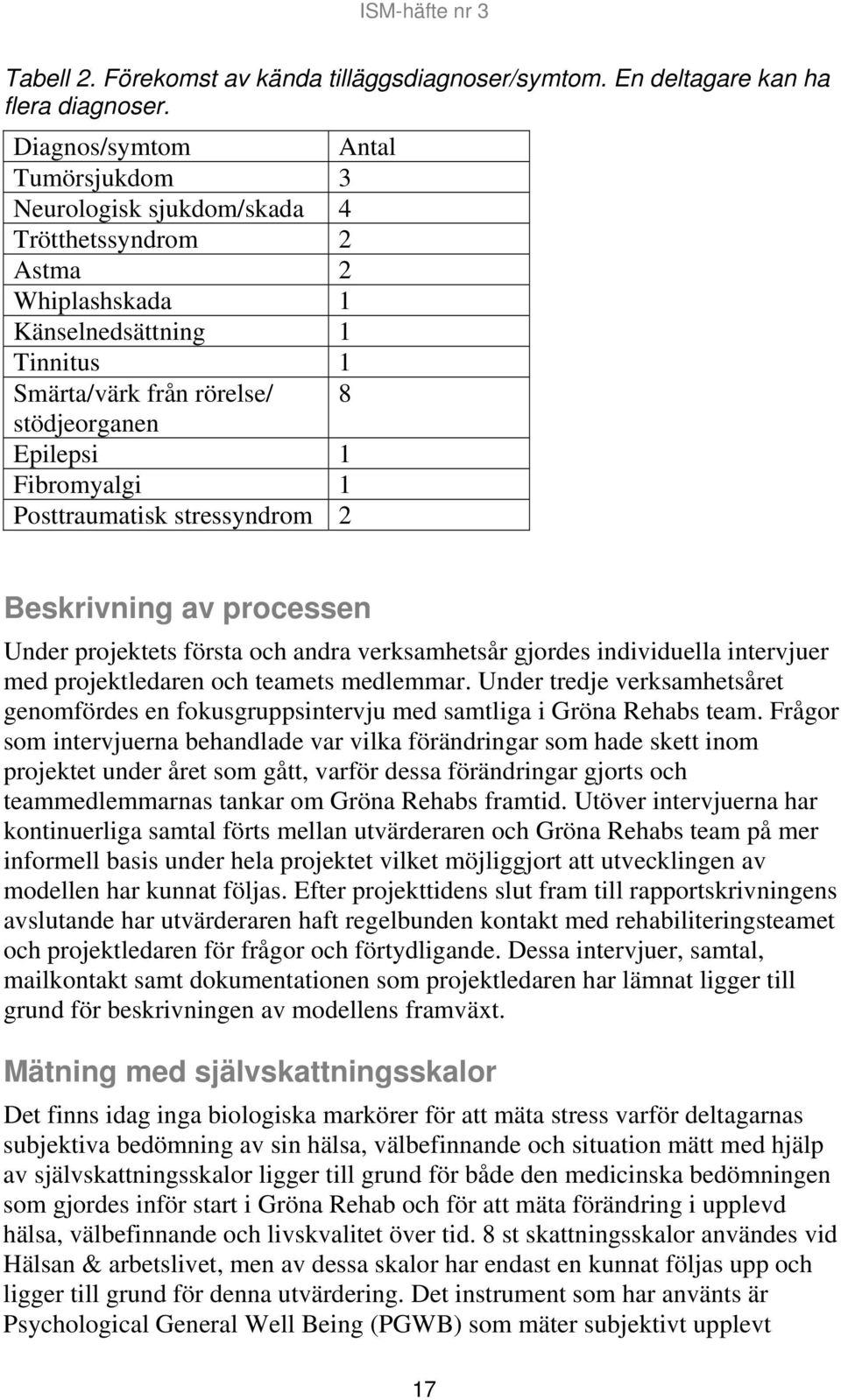 Fibromyalgi 1 Posttraumatisk stressyndrom 2 Beskrivning av processen Under projektets första och andra verksamhetsår gjordes individuella intervjuer med projektledaren och teamets medlemmar.