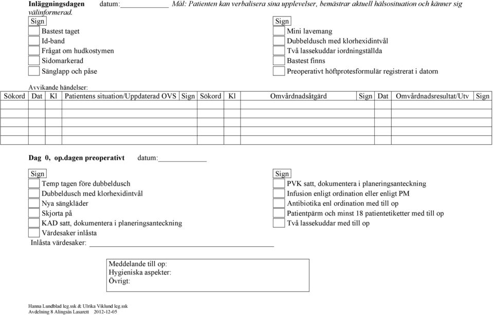 registrerat i datorn Avvikande händelser: Sökord Dat Kl Patientens situation/uppdaterad OVS Sökord Kl Omvårdnadsåtgärd Dat Omvårdnadsresultat/Utv Dag 0, op.