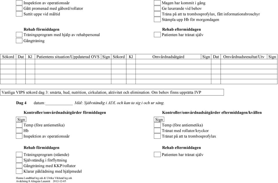 Kl Omvårdnadsåtgärd Dat Omvårdnadsresultat/Utv Vanliga VIPS sökord dag 3: smärta, hud, nutrition, cirkulation, aktivitet och elimination.