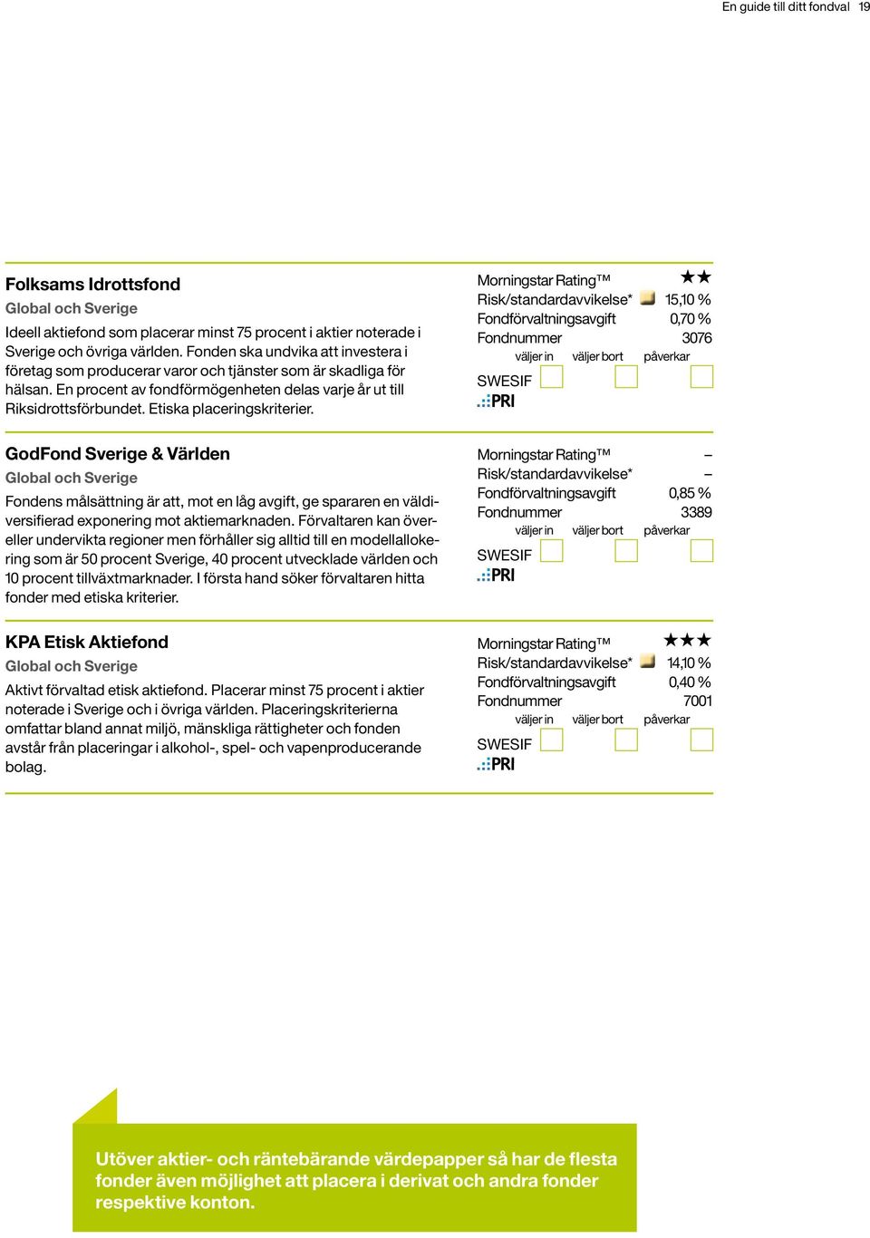 Etiska placeringskriterier. GodFond Sverige & Världen Global och Sverige Fondens målsättning är att, mot en låg avgift, ge spararen en väldiversifierad exponering mot aktiemarknaden.