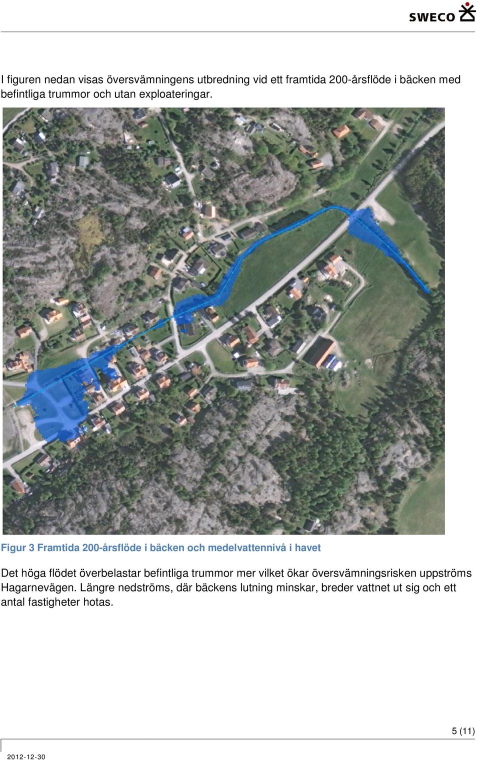 Figur 3 Framtida 200-årsflöde i bäcken och medelvattennivå i havet Det höga flödet överbelastar