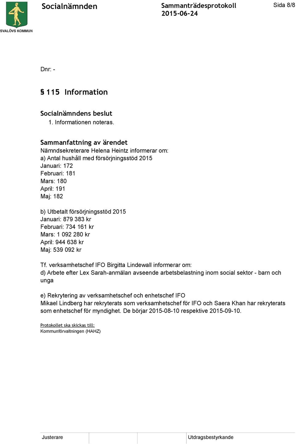 försörjningsstöd 2015 Januari: 879 383 kr Februari: 734 161 kr Mars: 1 092 280 kr April: 944 638 kr Maj: 539 092 kr Tf.