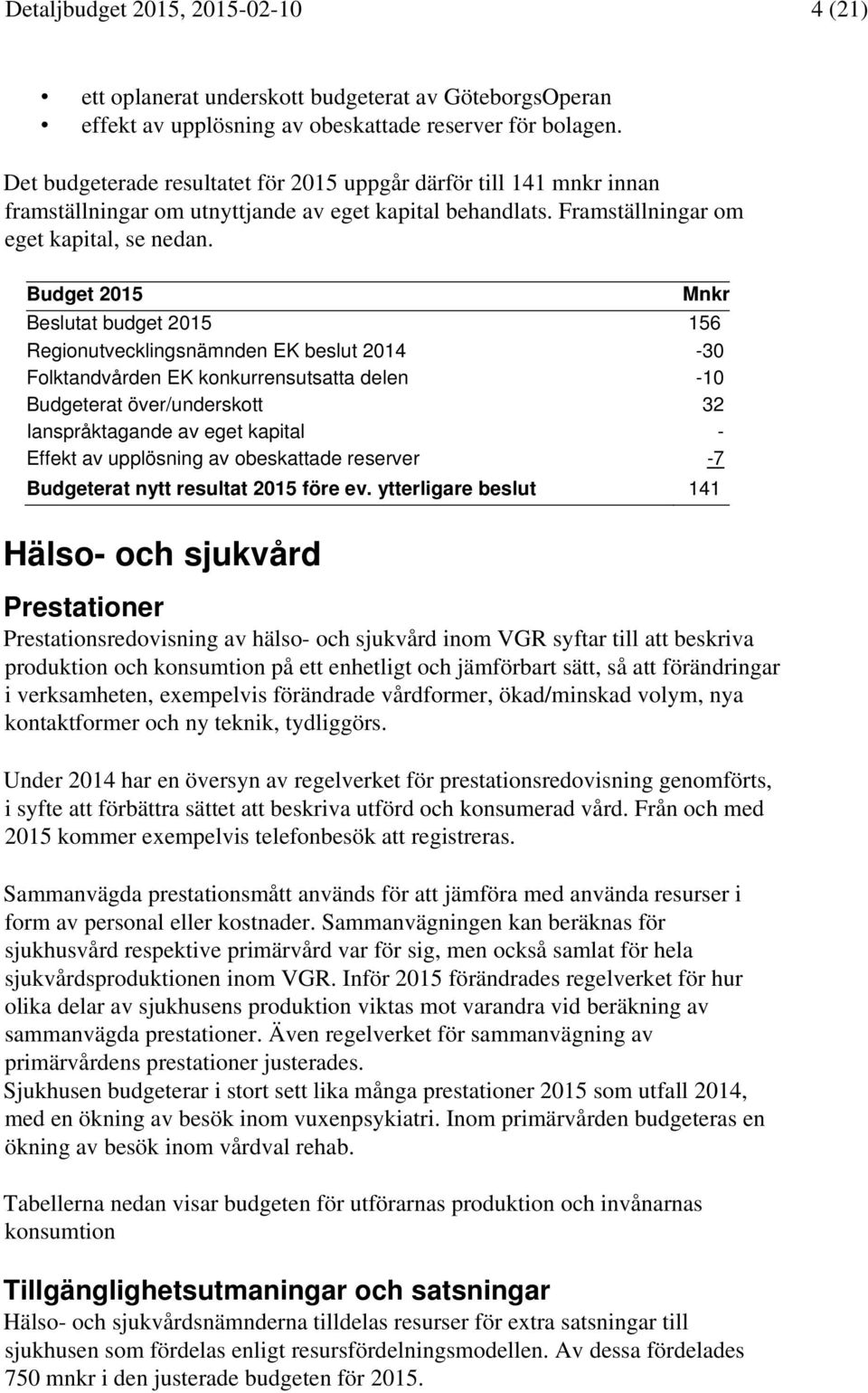 Budget 2015 Mnkr Beslutat budget 2015 156 Regionutvecklingsnämnden EK beslut 2014-30 Folktandvården EK konkurrensutsatta delen -10 Budgeterat över/underskott 32 Ianspråktagande av eget kapital -