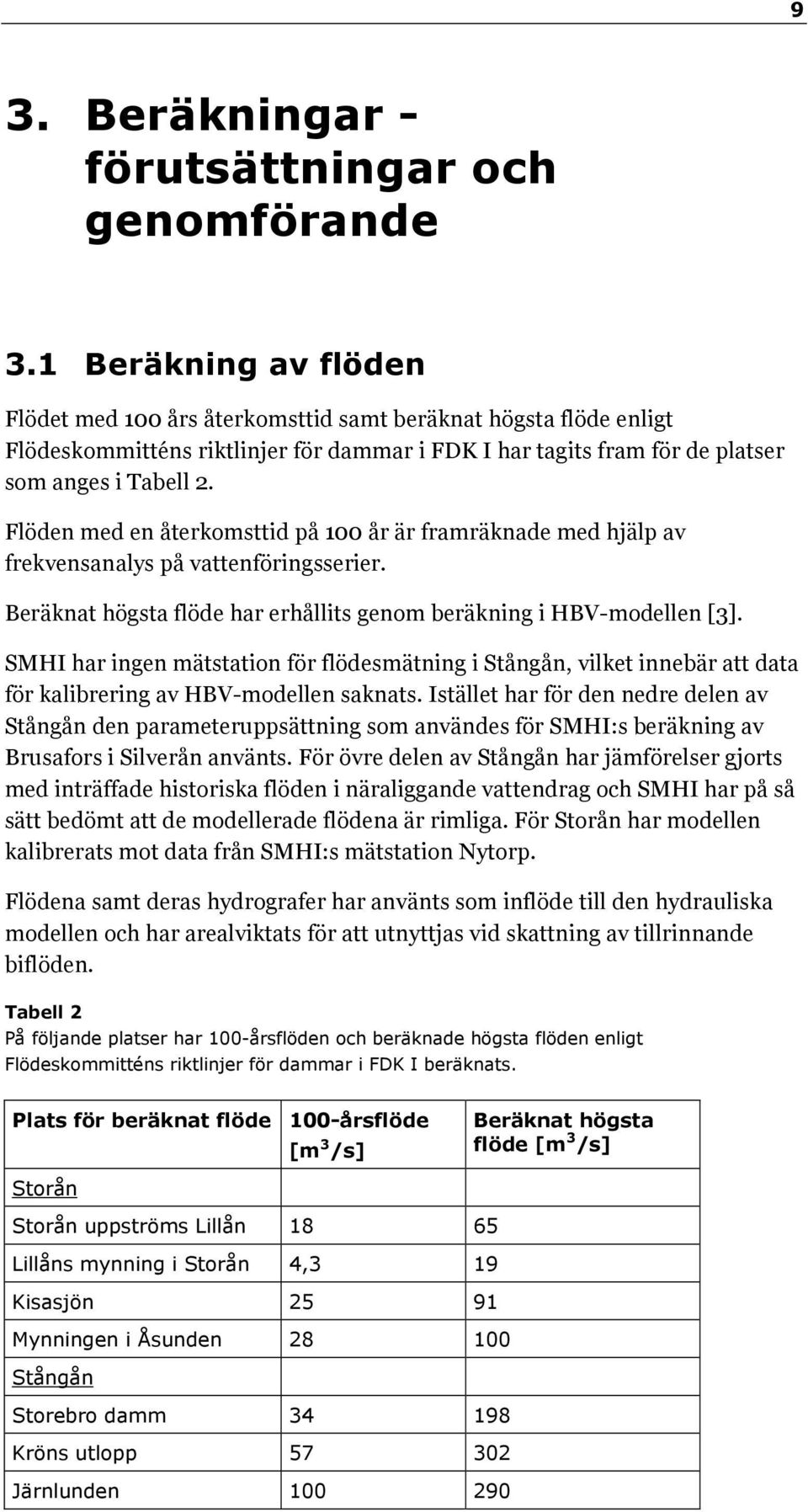 Flöden med en återkomsttid på 100 år är framräknade med hjälp av frekvensanalys på vattenföringsserier. Beräknat högsta flöde har erhållits genom beräkning i HBV-modellen [3].