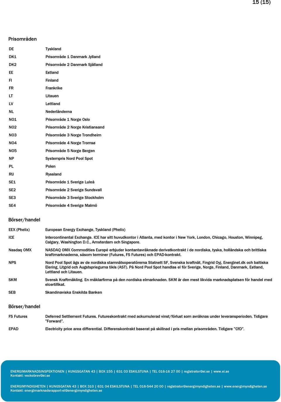 Ryssland Prisområde 1 Sverige Luleå Prisområde 2 Sverige Sundsvall Prisområde 3 Sverige Stockholm Prisområde 4 Sverige Malmö Börser/handel EEX (Phelix) ICE Nasdaq OMX NPS SKM SEB European Energy