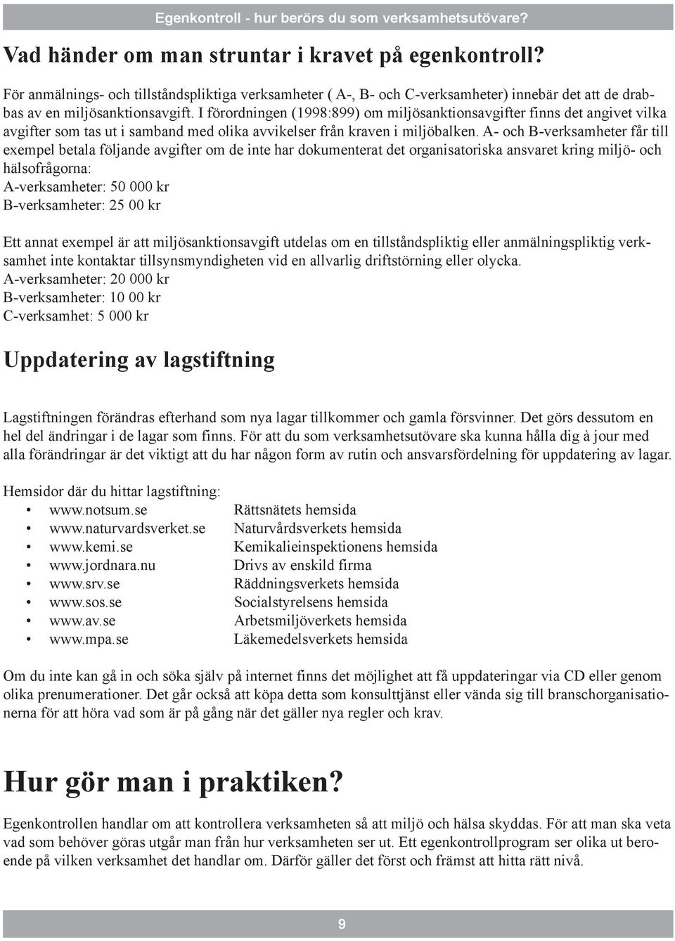 A- och B-verksamheter får till exempel betala följande avgifter om de inte har dokumenterat det organisatoriska ansvaret kring miljö- och hälsofrågorna: A-verksamheter: 50 000 kr B-verksamheter: 25