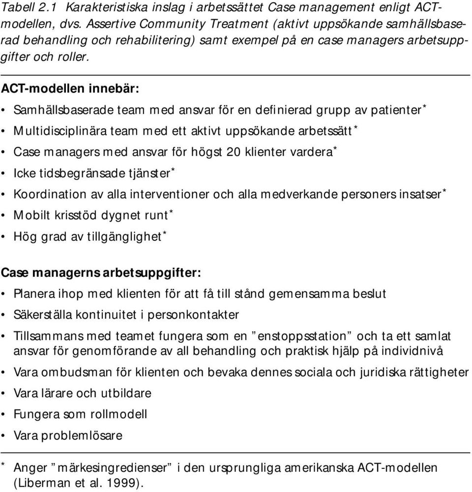 ACT-modellen innebär: Samhällsbaserade team med ansvar för en definierad grupp av patienter* Multidisciplinära team med ett aktivt uppsökande arbetssätt* Case managers med ansvar för högst 20