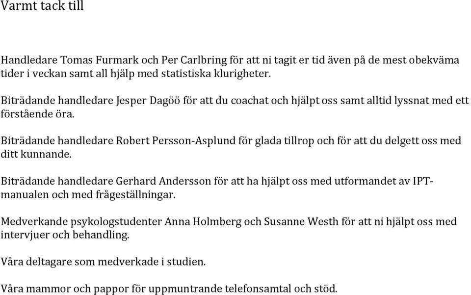 Biträdande handledare Robert Persson-Asplund för glada tillrop och för att du delgett oss med ditt kunnande.