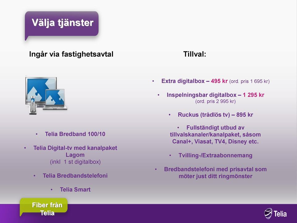 pris 2 995 kr) Ruckus (trådlös tv) 895 kr Telia Bredband 100/10 Telia Digital-tv med kanalpaket Lagom (inkl 1 st