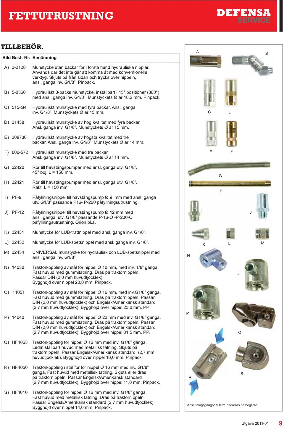 Pinpack. A B C) 515-G4 Hydrauliskt munstycke med fyra backar. Ansl. gänga inv. G1/8. Munstyckets Ø är 15 mm. D) 31438 Hydrauliskt munstycke av hög kvalitet med fyra backar. Ansl. gänga inv. G1/8. Munstyckets Ø är 15 mm. E) 308730 Hydrauliskt munstycke av högsta kvalitet med tre backar.