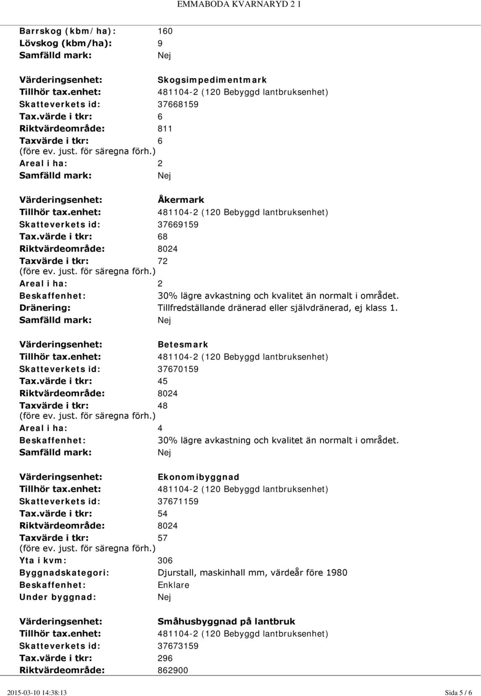 ) Areal i ha: 2 Samfälld mark: Nej Värderingsenhet: Åkermark Tillhör tax.enhet: 481104-2 (120 Bebyggd lantbruksenhet) Skatteverkets id: 37669159 Tax.