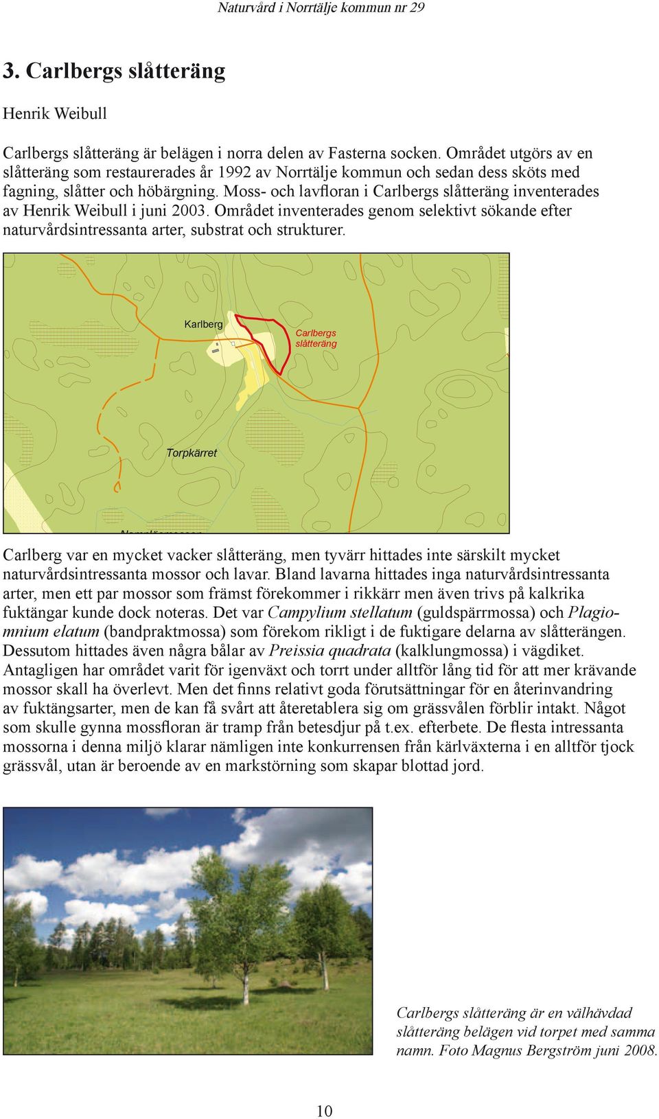 Moss- och lavfloran i Carlbergs slåtteräng inventerades av Henrik Weibull i juni 2003. Området inventerades genom selektivt sökande efter naturvårdsintressanta arter, substrat och strukturer.