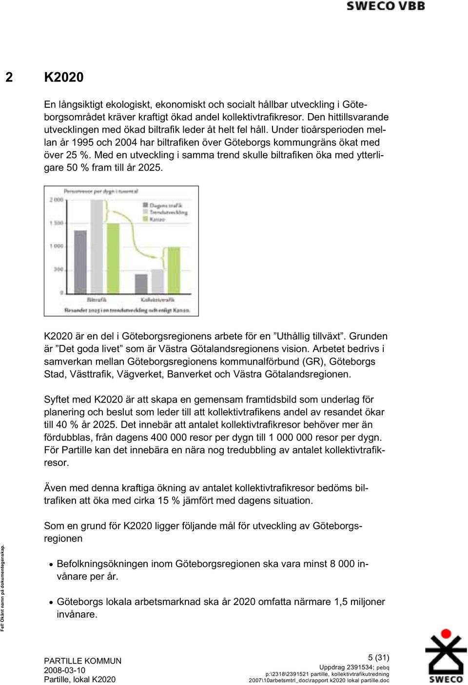 Med en utveckling i samma trend skulle biltrafiken öka med ytterligare 50 % fram till år 2025. K2020 är en del i Göteborgsregionens arbete för en Uthållig tillväxt.