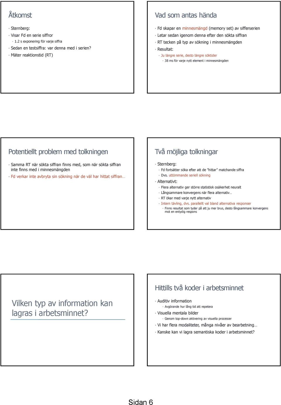 Resultat: Ju längre serie, desto längre söktider 38 ms för varje nytt element i minnesmängden Potentiellt problem med tolkningen Samma RT när sökta siffran finns med, som när sökta siffran inte finns