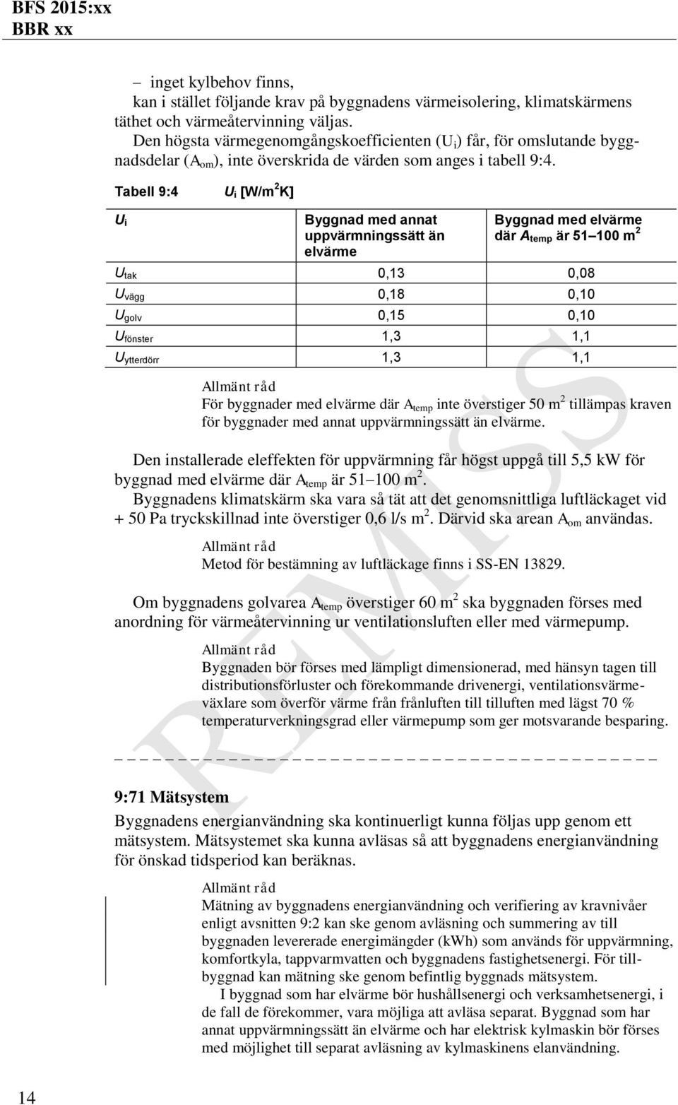 Tabell 9:4 U i [W/m 2 K] U i Byggnad med annat uppvärmningssätt än elvärme Byggnad med elvärme där A temp är 51 100 m 2 U tak 0,13 0,08 U vägg 0,18 0,10 U golv 0,15 0,10 U fönster 1,3 1,1 U ytterdörr