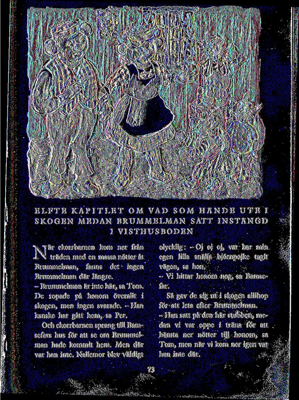 - Han satt pa den bar stubben, medan vi var oppe i trana for att hamta ner notter till honom, sa Tom, men nar vi kom ner igen var han inte dar.