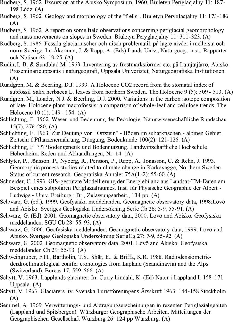 Fossila glaciärnischer och nisch-problematik på lägre nivåer i mellersta och norra Sverige. In: Åkerman, J. & Rapp, A. (Eds) Lunds Univ., Naturgeog., inst., Rapporter och Notiser 63: 19-25. Rudin, I.
