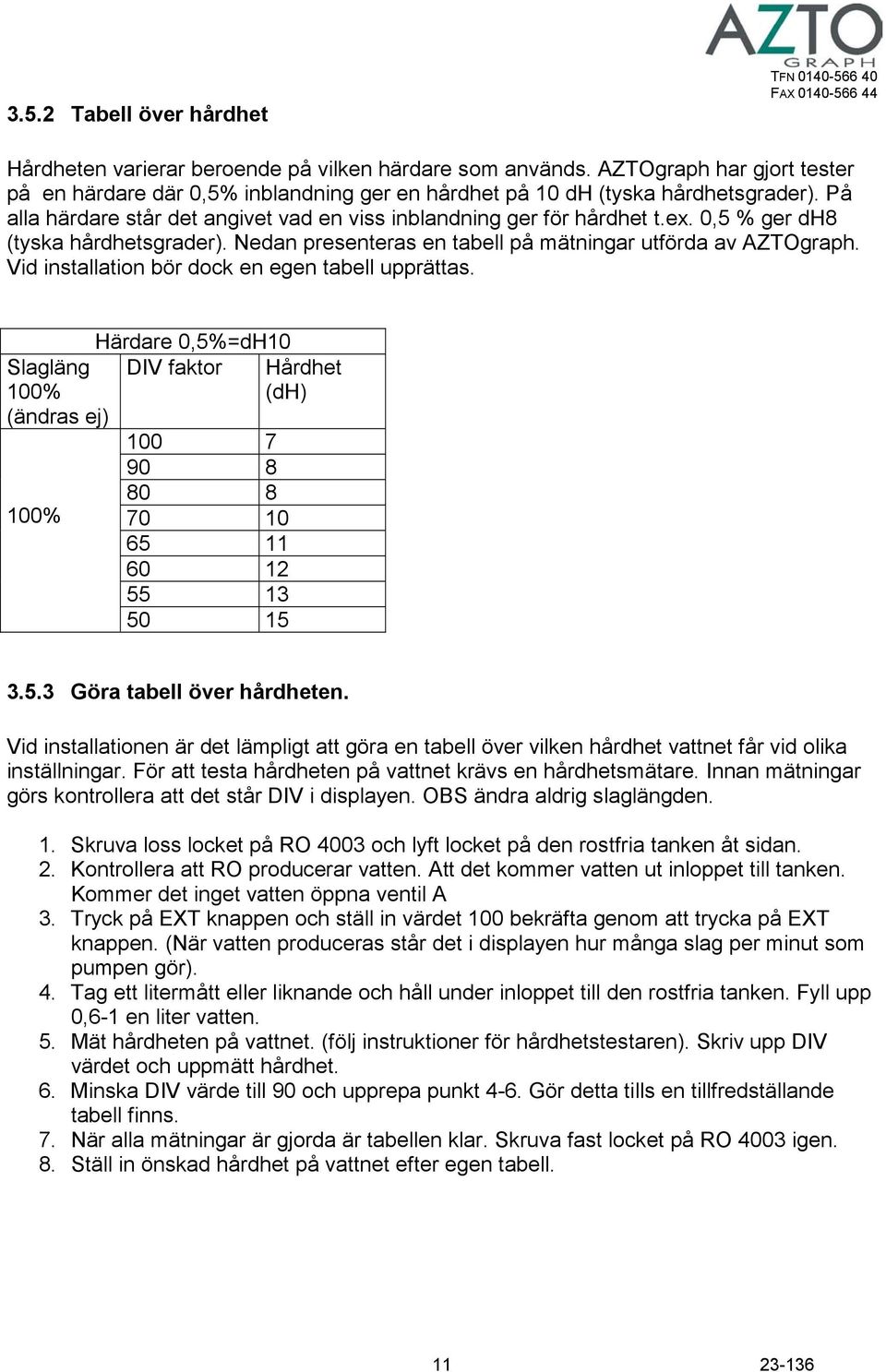 0,5 % ger dh8 (tyska hårdhetsgrader). Nedan presenteras en tabell på mätningar utförda av AZTOgraph. Vid installation bör dock en egen tabell upprättas.