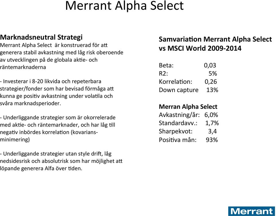 - Underliggande strategier som är okorrelerade med ak<e- och räntemarknader, och har låg <ll nega<v inbördes korrela<on (kovarians- minimering) Samvaria%on Merrant Alpha Select vs MSCI World