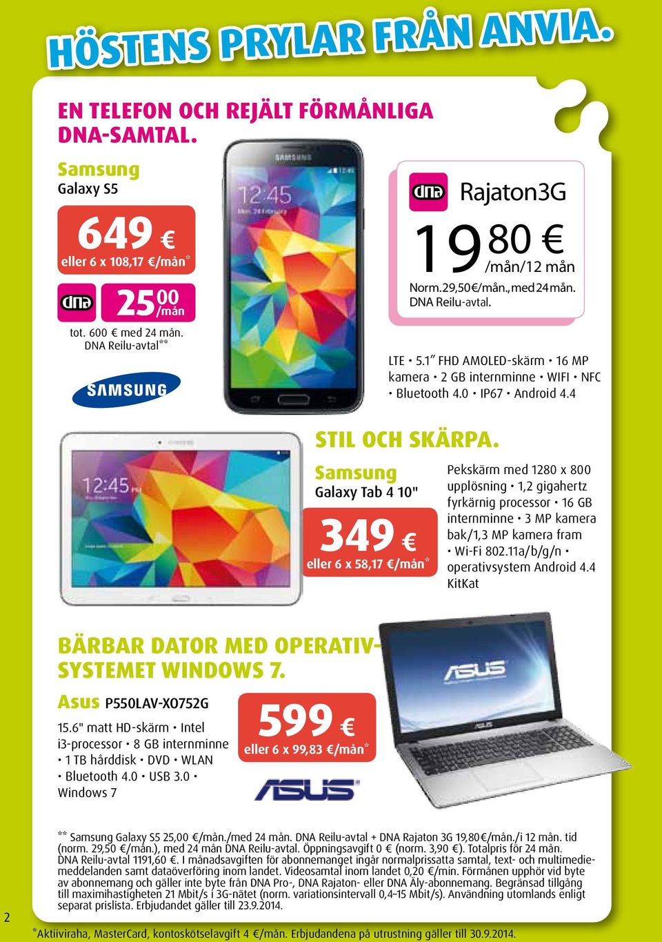 Rajaton 3G 19 80 /mån/12 mån Norm. 29,50 /mån., med 24 mån. DNA Reilu-avtal.